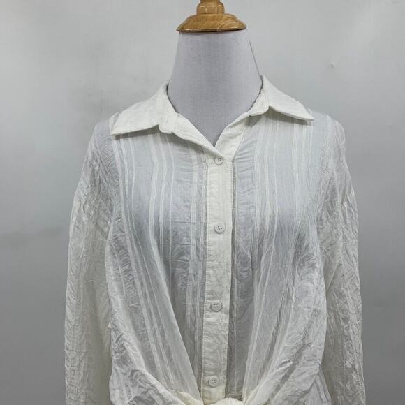 G.P.D. Blouse Womens L Large White Crinkled Button Front Tie Waist Long Sleeve - Picture 3 of 10